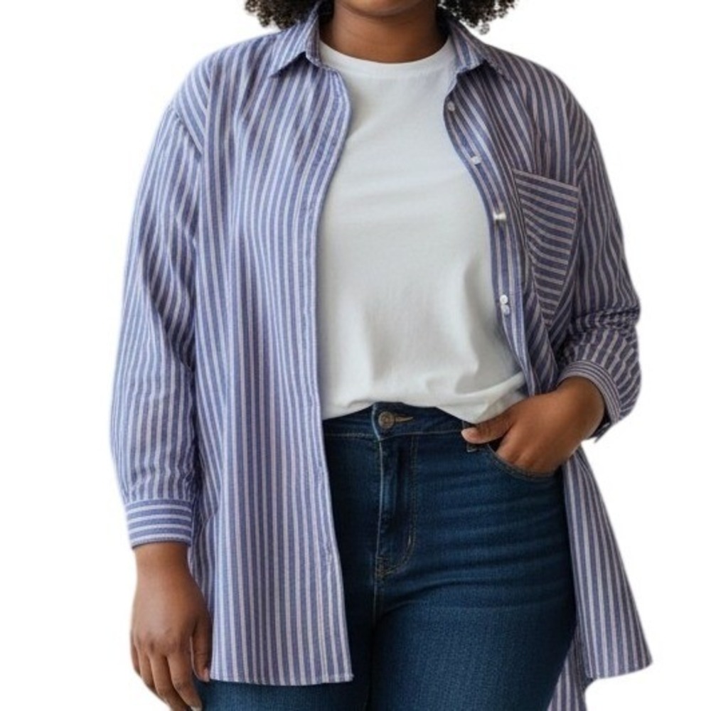 LOFT Striped Button Down Shirt Large Blue Red classic‎ Preppy Coastal Old Money